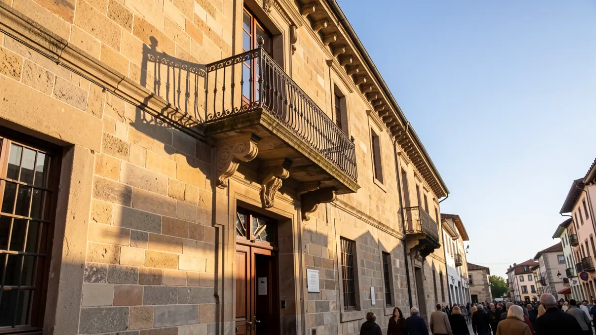 Generic image of a stone Galician town hall facade with an ornate balcony and iron railing, in afternoon sunlight.