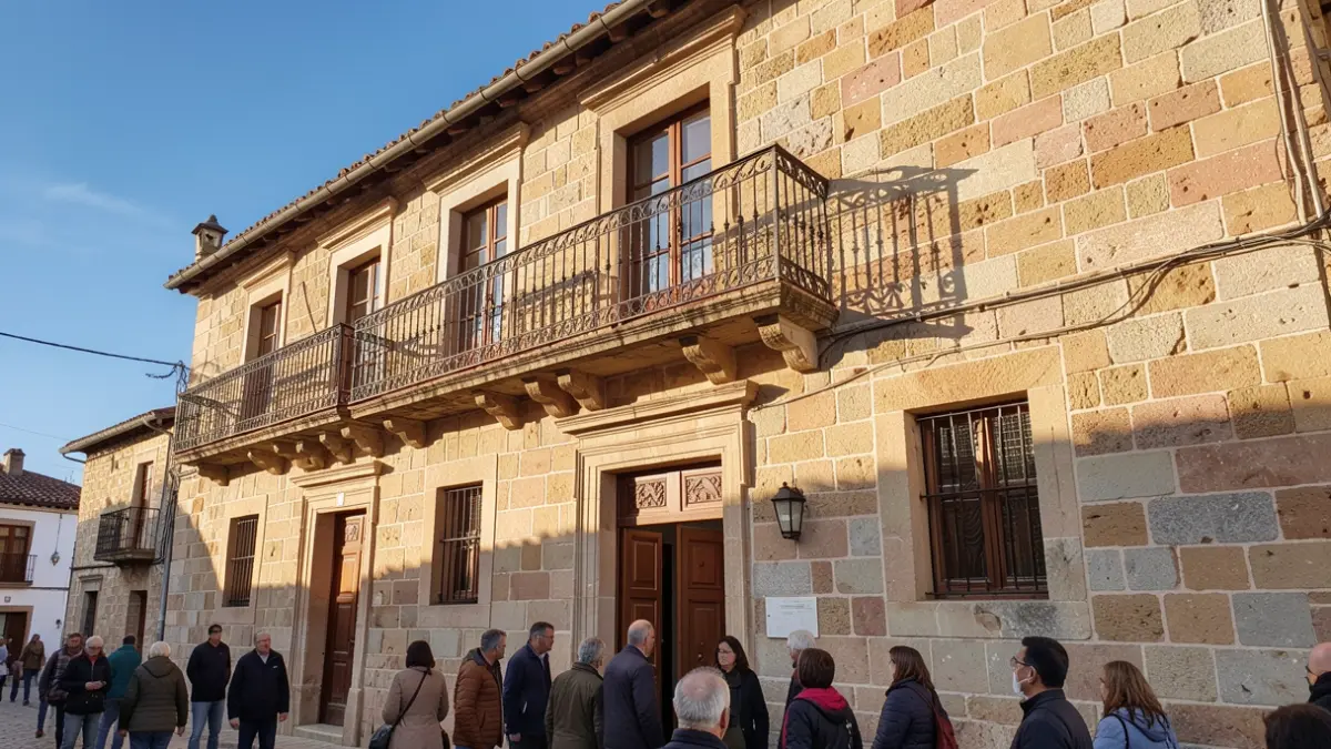 Generic image of a stone town hall facade with an ornate balcony and railings, warm afternoon sunlight, blue sky.