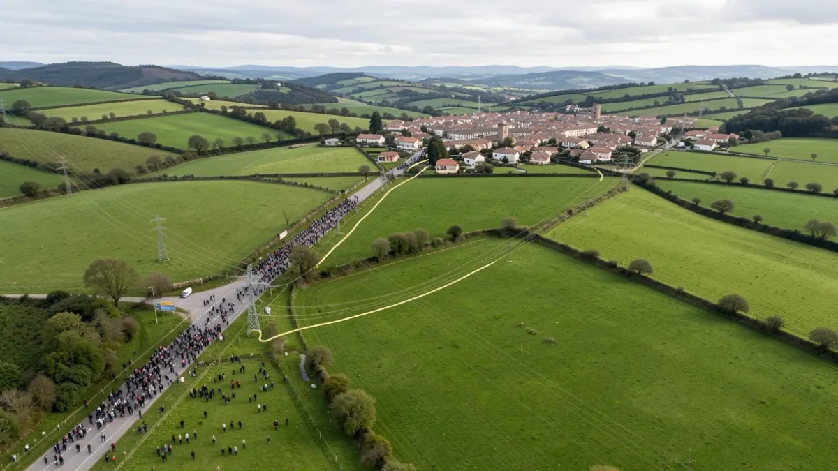 Imagen genérica de una línea eléctrica sobre un terreno rural gallego.