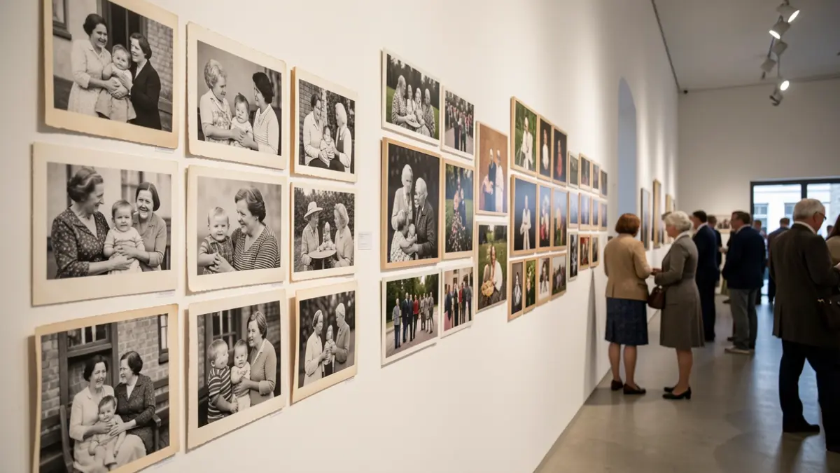 Imagen genérica de fotografías de álbumes familiares de mujeres caboverdianas de diferentes generaciones expuestas en una sala de museo.