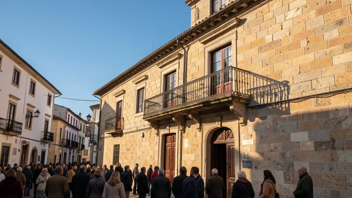 Imaxe xenérica dunha fachada de concello galego de pedra con balcón ornamentado e raís de ferro, baixo a luz do sol da tarde.