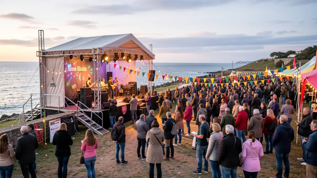 Generic image of an inclusive music festival in Galicia, featuring a stage, diverse audience, and accessibility elements.