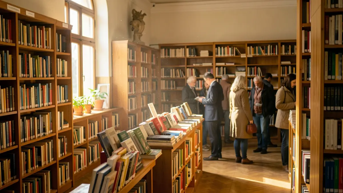 Imagen del interior de una biblioteca pública gallega con estanterías llenas de libros y luz de tarde.