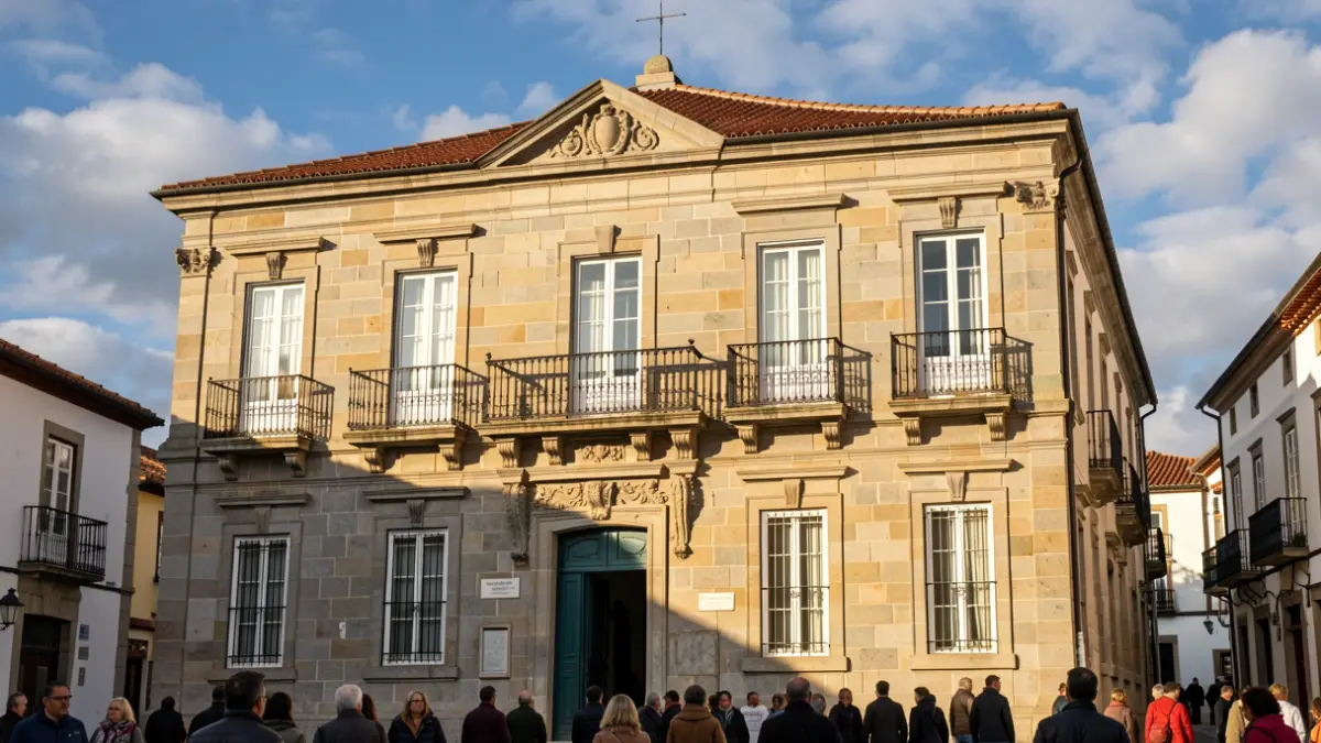 Fachada dun concello de Narón con balcóns e raís de ferro, luz solar da tarde.