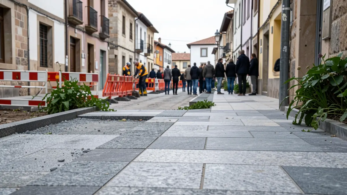 Generic image of urban renovation works on a street in Galicia, featuring construction barriers and granite pavement.