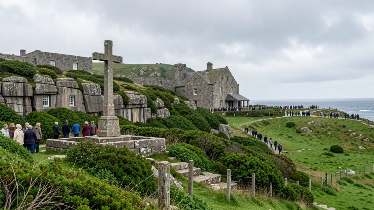 Generic image of a Galician cruceiro with a green and cloudy landscape in the background.