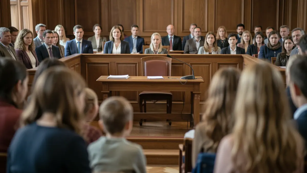 Generic image of a mock courtroom with blurred figures of children and adults.