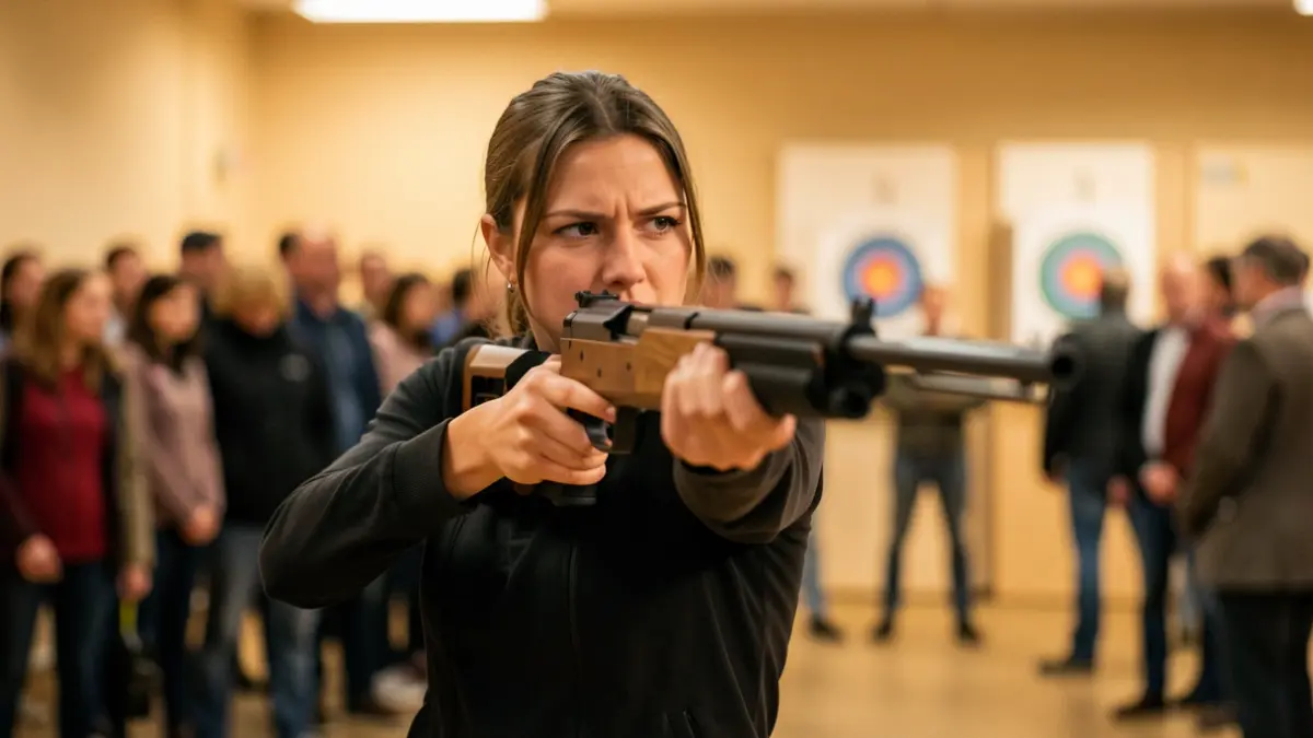 Imagen genérica de una tiradora con una pistola, con dianas borrosas al fondo.