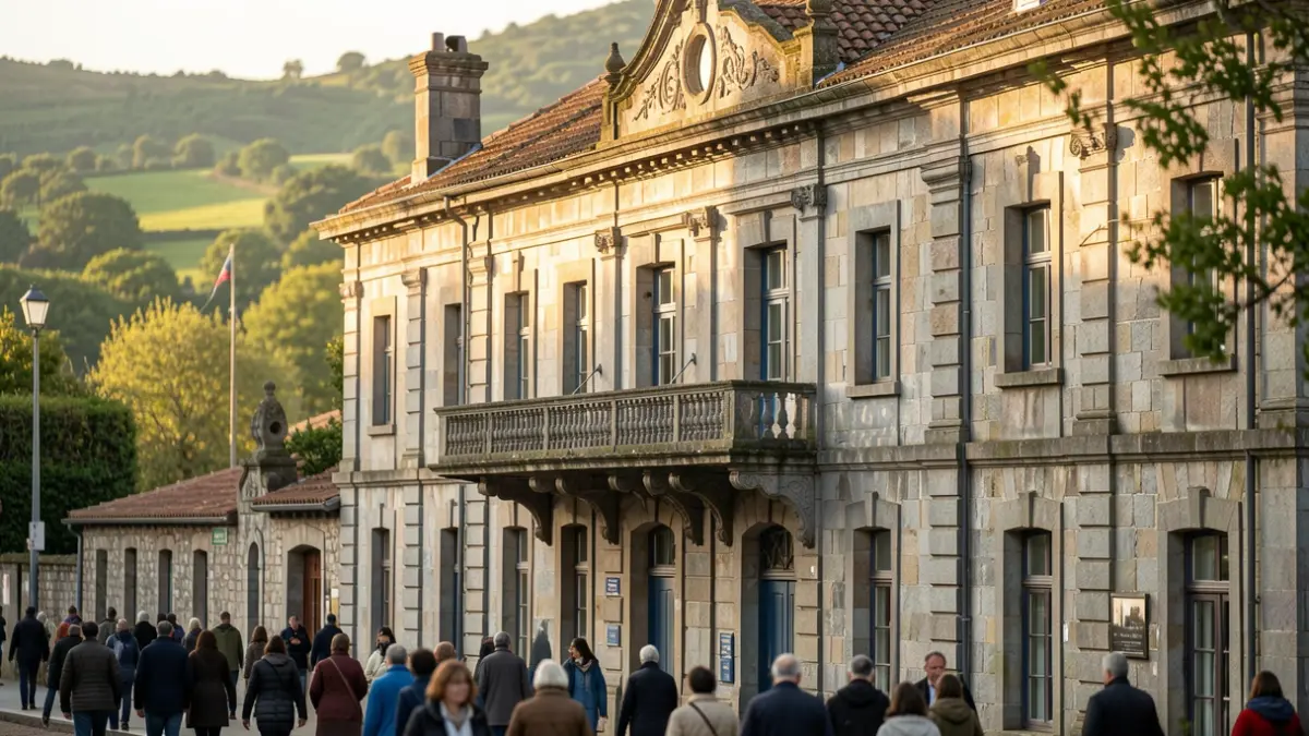 Imaxe xenérica dunha antiga estación de tranvía de pedra en Nigrán, Galicia, con arquitectura de granito e balcón ornamentado, baixo a luz do sol da tarde.