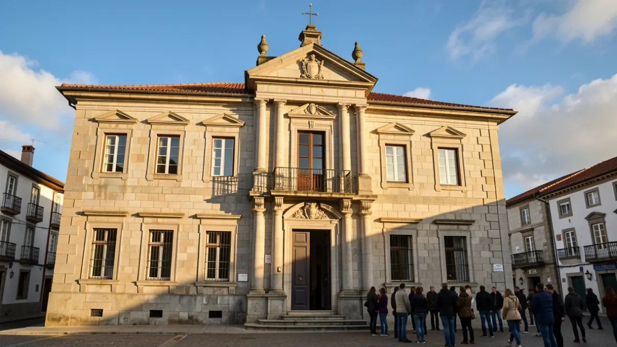 Imagen genérica del Ayuntamiento de Noia, con arquitectura de granito y luz solar.
