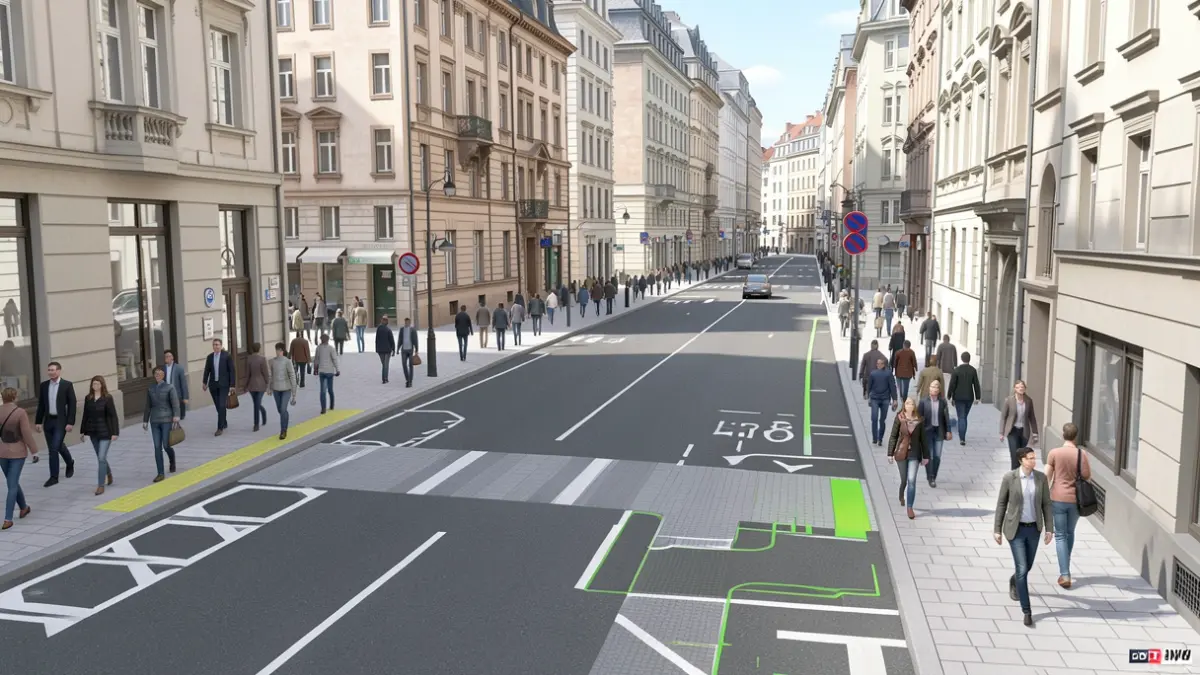 Imaxe dun modelo 3D detallado dunha rúa urbana, con edificios, beirarrúas e elementos de accesibilidade.