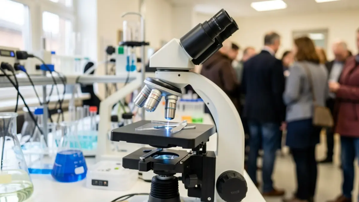 Primeiro plano dun microscopio de laboratorio cun fondo desfocado de equipamento científico e material de vidro, representando a investigación biomédica e a innovación en Galicia.