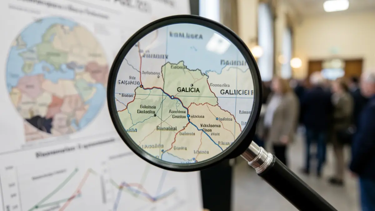 Primeiro plano dunha lupa sobre un mapa de Galicia, con gráficos científicos desenfocados ao fondo.