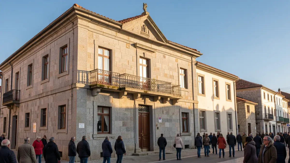 Imaxe xenérica dun edificio municipal galego de pedra con balcón, baixo a luz do sol da tarde.