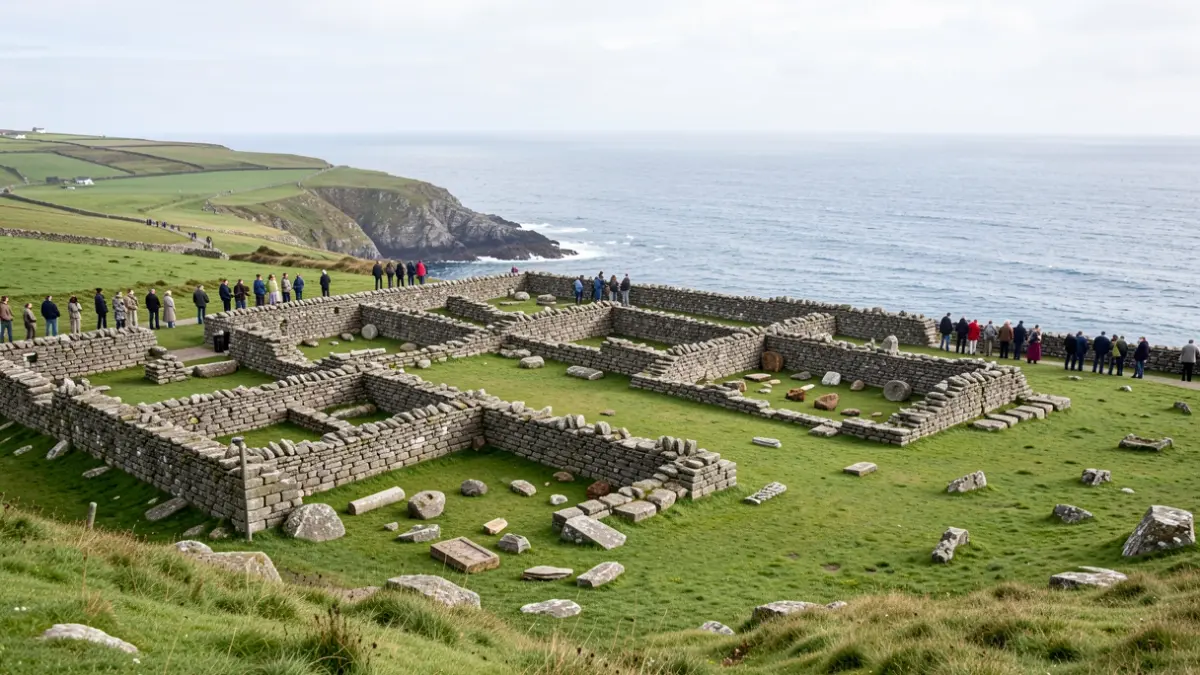 Generic image of ancient stone ruins on a green island overlooking the sea.