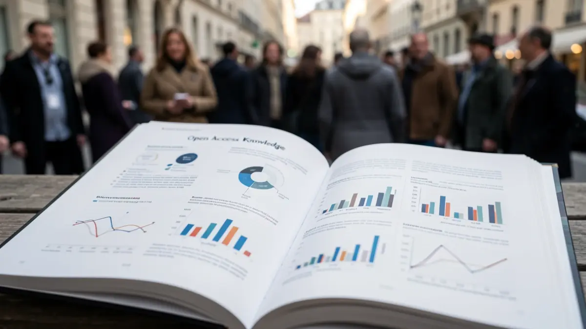 Imaxe xenérica dun libro aberto con visualizacións de datos abstractos e gráficos, luz ambiental suave.