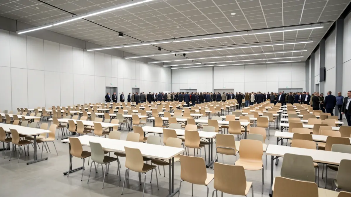 Generic image of an exhibition center with chairs and tables set up for exams.