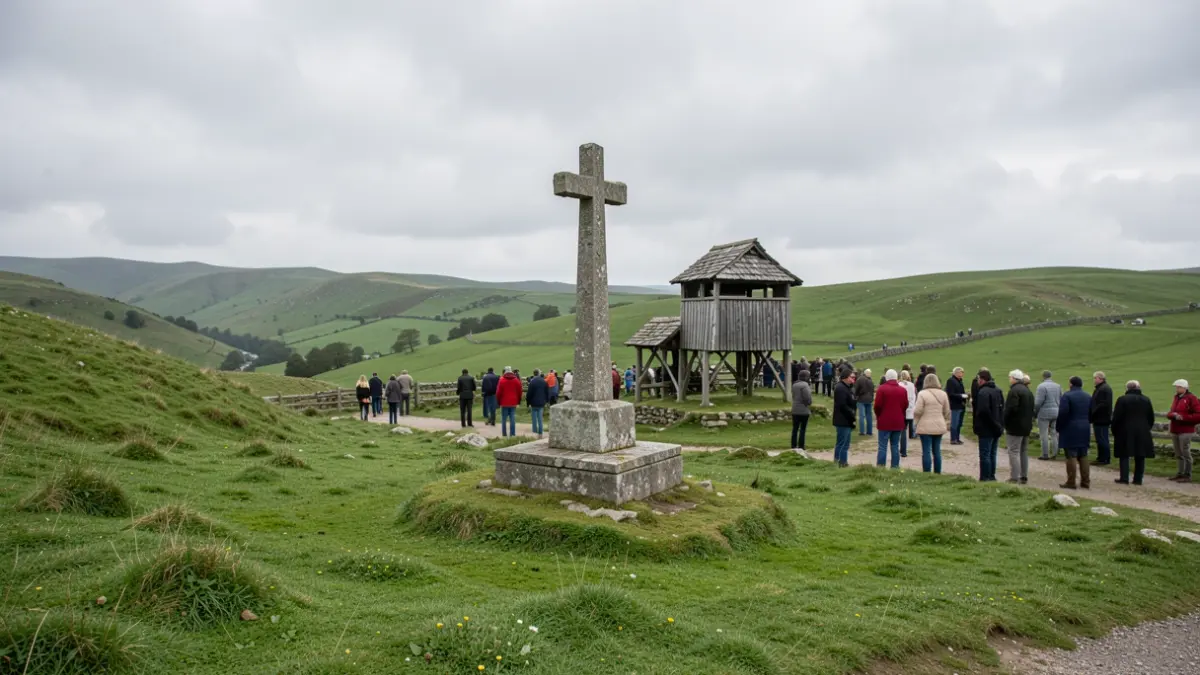 Generic image of a Galician cruceiro and hórreo in a green landscape with an overcast sky.