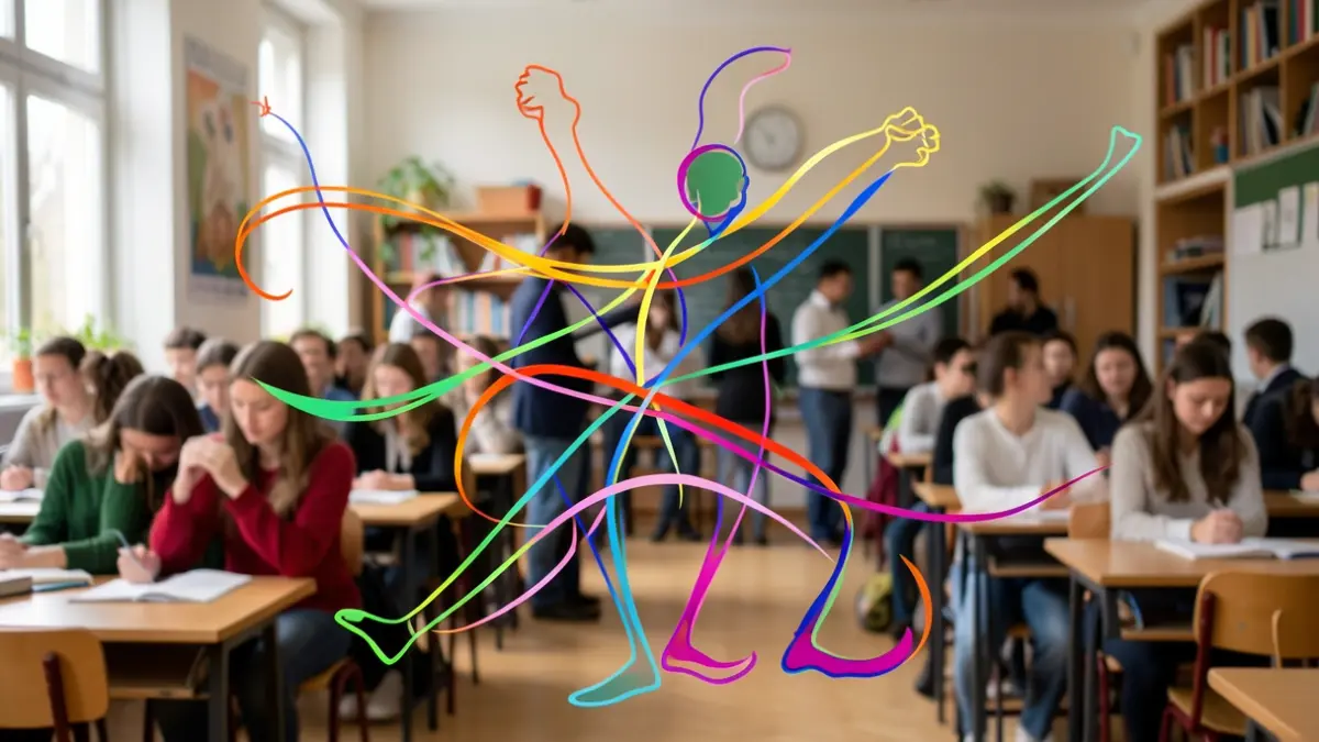 Imaxe xenérica de pasos de baile tradicional galego visualizados como liñas abstractas e formas en cores vibrantes, sobre un fondo difuminado dunha aula universitaria con estudantes.