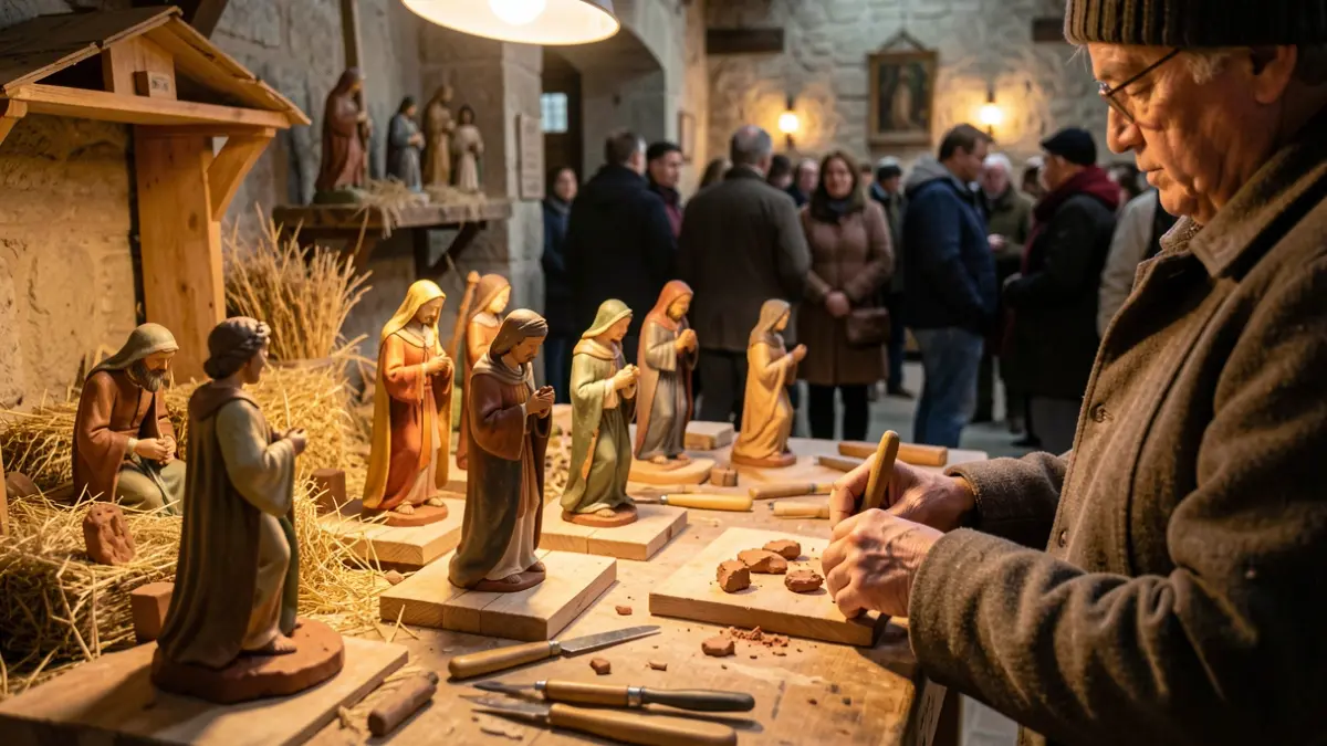 Taller artesanal de Belén en Valga, con artesanos creando figuras y escenas.