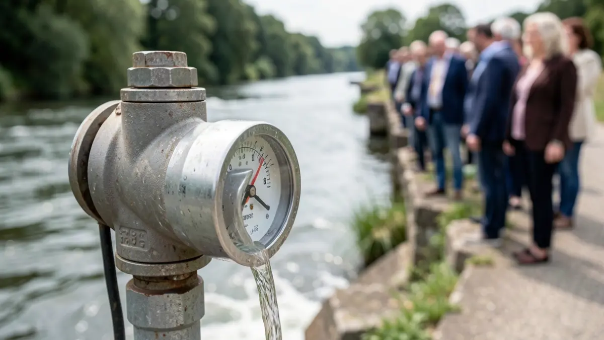 Imagen genérica de un medidor de flujo de agua con agua de río borrosa al fondo.