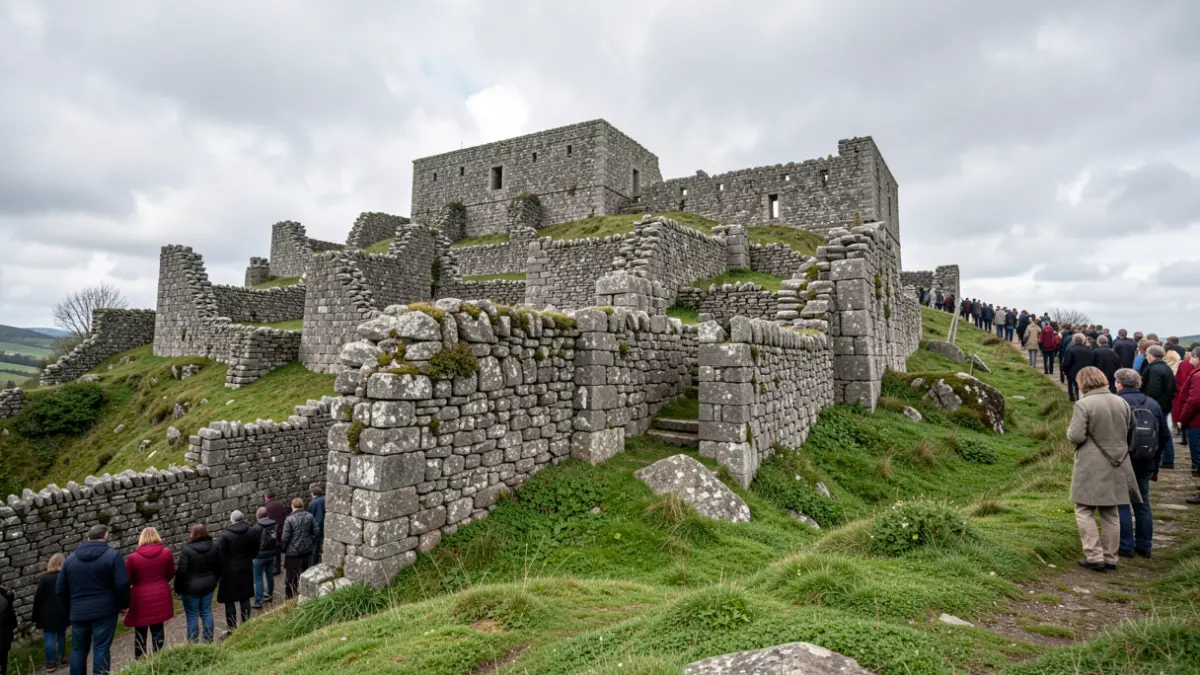 Imaxe xenérica de ruínas antigas de pedra dun asentamento fortificado nunha ladeira en Galicia, con muros de granito e vexetación verde, baixo un ceo nubrado.