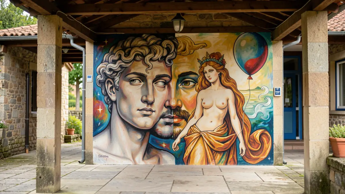 Mural que representa a igualdade e a educación no CEIP de Pedrouzos.