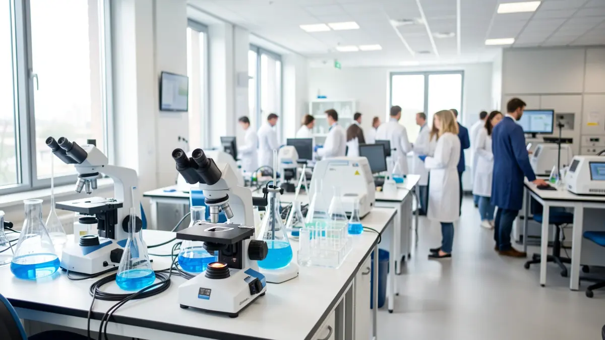 Generic image of a marine research laboratory with scientific equipment and staff in the background.