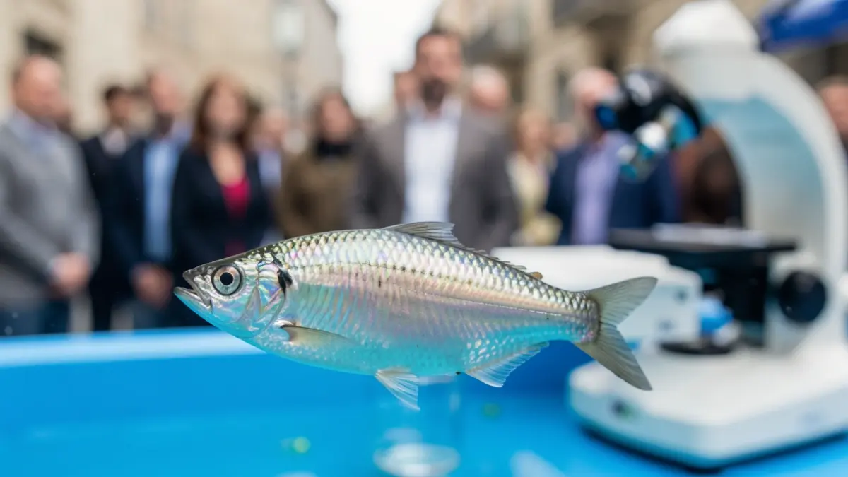 Imaxe xenérica de peixes pequenos en auga clara con equipo científico desfocado.