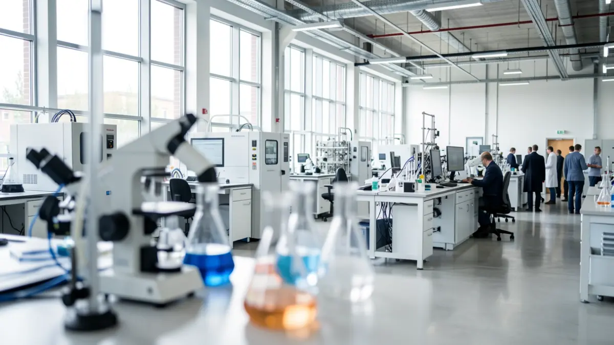 Imaxe dun laboratorio de investigación industrial moderno con equipamento tecnolóxico.