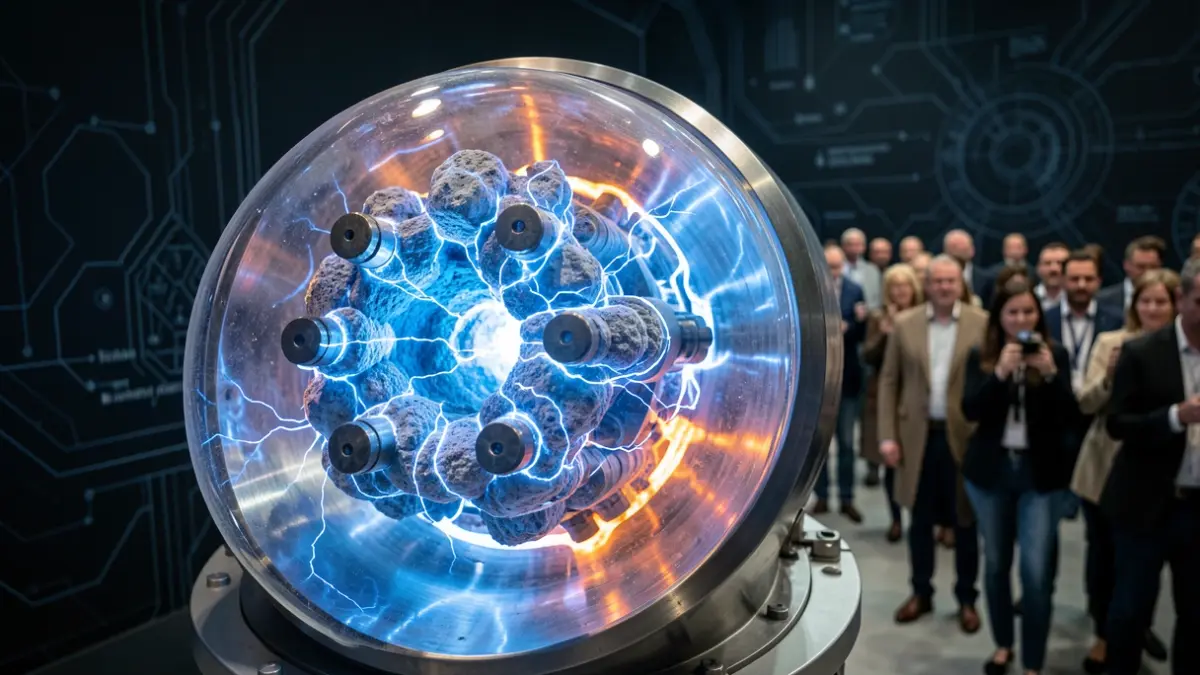 Imaxe xenérica dun reactor de sales fundidas con enerxía azul brillante, representación abstracta da propulsión nuclear.