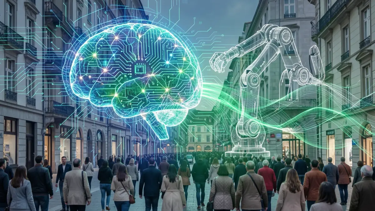 Imaxe xenérica de redes neuronais e elementos de robótica con tons dixitais e galegos.