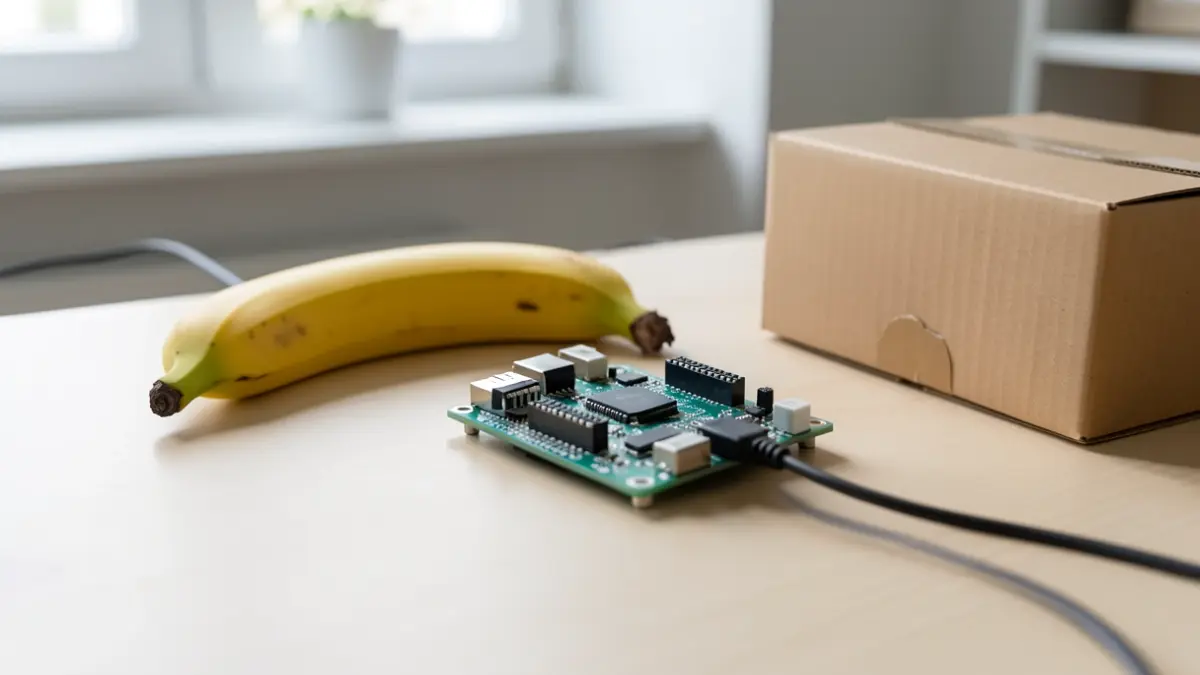Primer plano de una placa Makey Makey conectada a objetos cotidianos como un plátano y una caja de cartón, sobre un escritorio moderno.