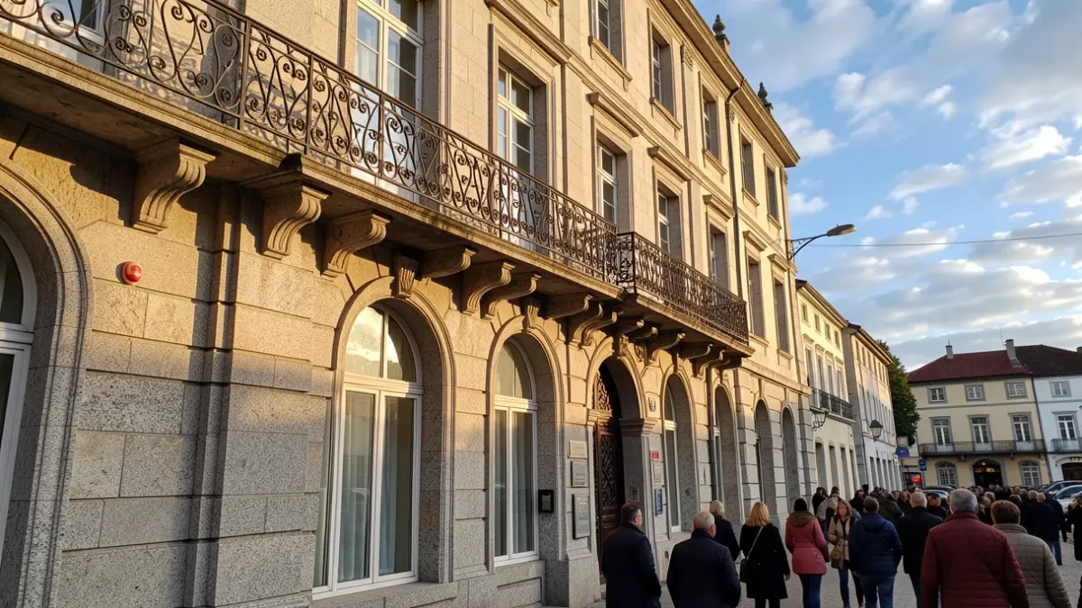 Fachada dun concello galego de granito con balcón de ferro e fiestras arqueadas, luz solar da tarde.