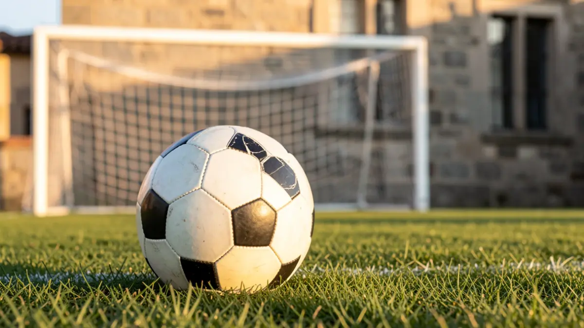 Imaxe xenérica dun balón de fútbol sobre herba cunha rede borrosa ao fondo.