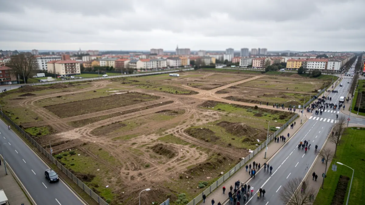 Imagen genérica de una gran parcela urbana sin desarrollar en Galicia, con una carretera principal al lado y edificios urbanos difuminados al fondo.