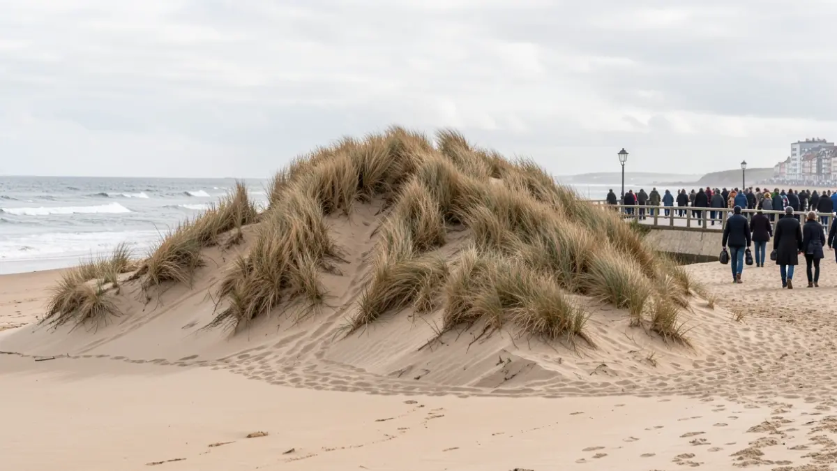 Imagen genérica de una duna de arena artificial construida en una playa para proteger el paseo marítimo.