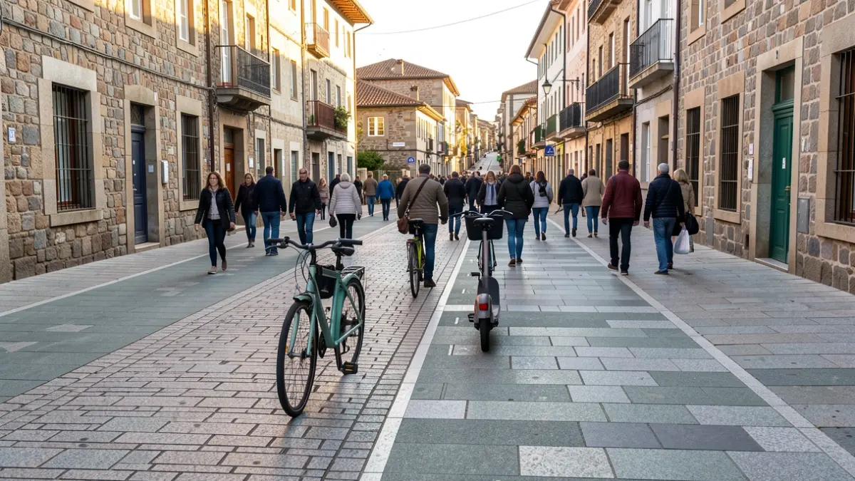 Imagen genérica de una calle peatonal con pavimento de granito y carril bici.