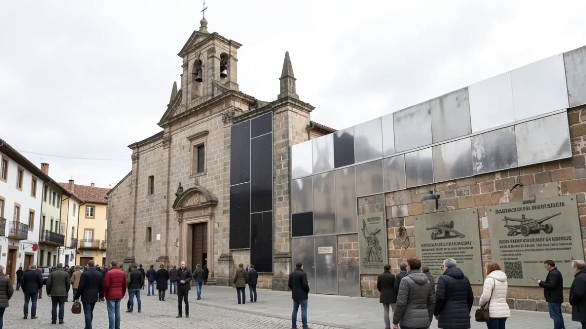 Imagen genérica de una fachada de piedra antigua con una torre y paneles metálicos nuevos.