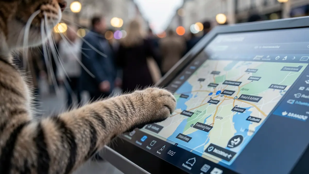 Imaxe dunha pata de gato achegándose a un mapa dixital que mostra localizacións urbanas.