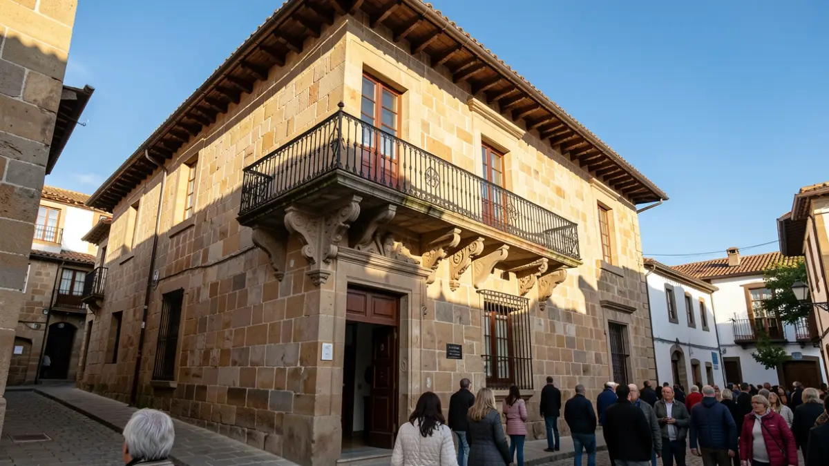 Imaxe xenérica dunha fachada de concello de pedra galego con balcón ornamentado e raís de ferro, luz de tarde cálida.