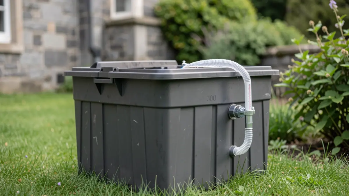 Generic image of a 300-liter domestic composter with an aerator and thermometer, on green grass.