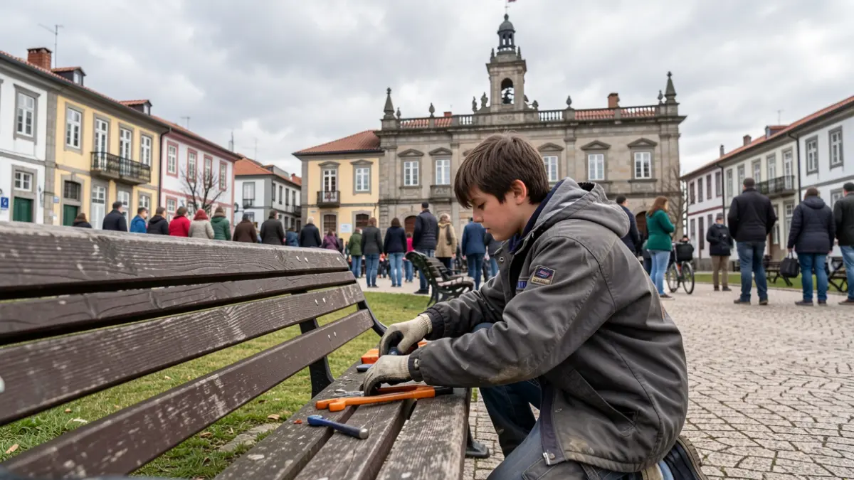 Imaxe dun mozo traballando en tarefas de mantemento nun parque público, co Concello da Rúa ao fondo.