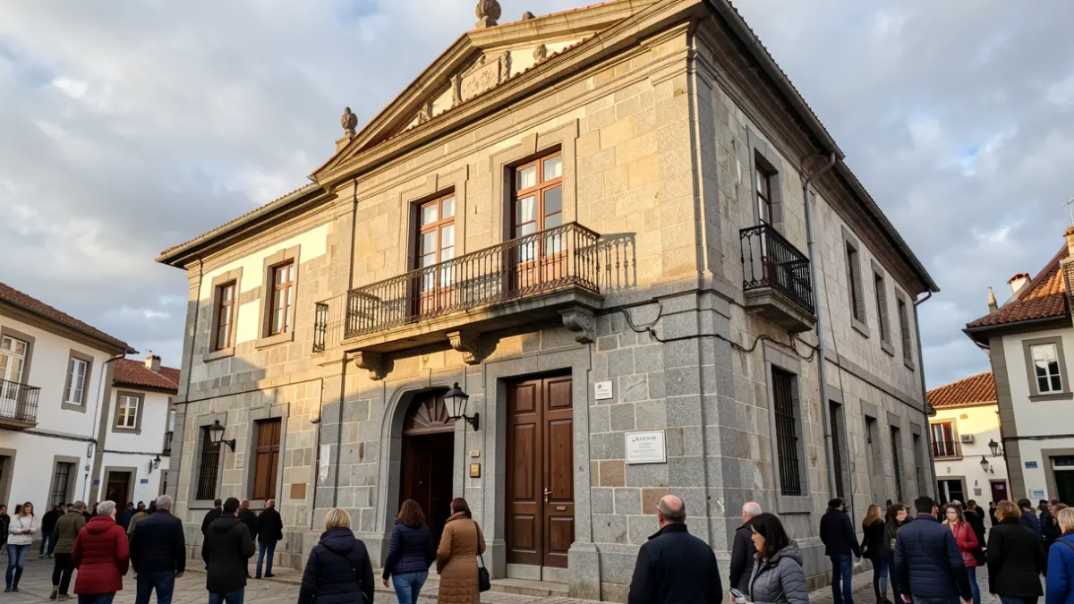 Imaxe xenérica dunha fachada de concello galego de granito con balcón ornamentado e raís de ferro, baixo un ceo nubrado. A luz do sol da tarde proxecta sombras suaves sobre a pedra.