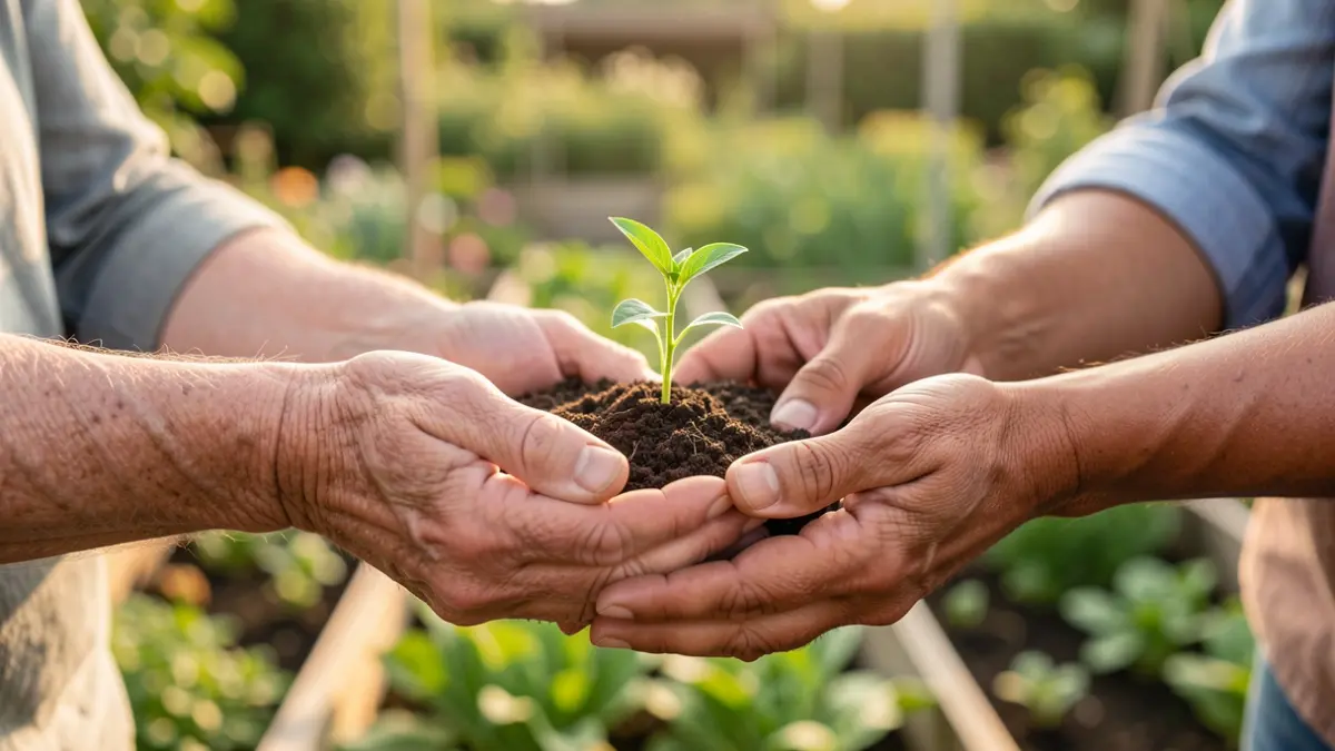 Imaxe xenérica de mans de diferentes idades e etnias sostendo pequenas plantas verdes, simbolizando o crecemento e o apoio social.