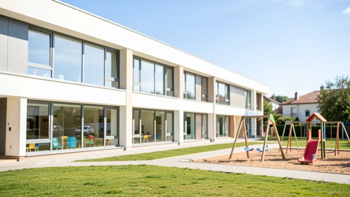 Generic image of a municipal infant school with large windows and a playground area, on a sunny day.