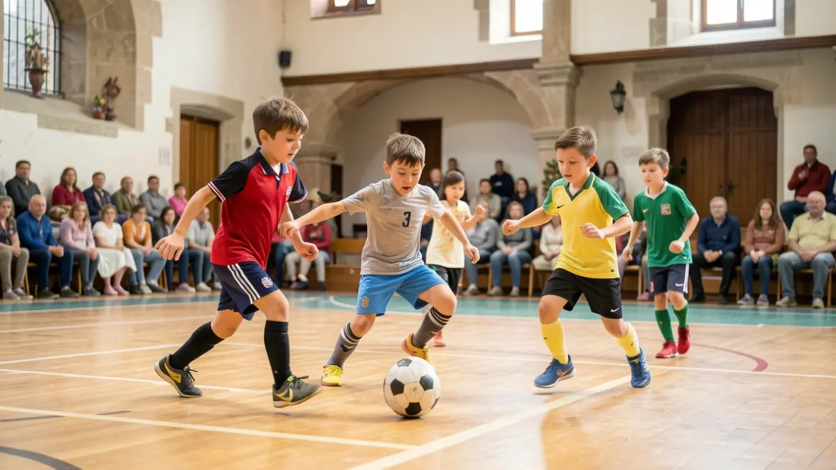 Imaxe xenérica dun grupo de nenos xogando ao fútbol sala nun pavillón deportivo.