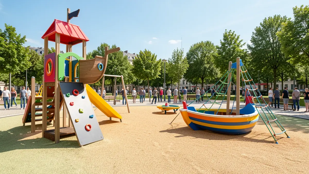 Imaxe xenérica dun parque infantil moderno con novos elementos de xogo coloridos, incluíndo unha estrutura temática de barco pirata.