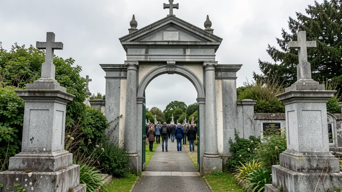 Generic image of a Galician cemetery entrance with granite architecture and vegetation.