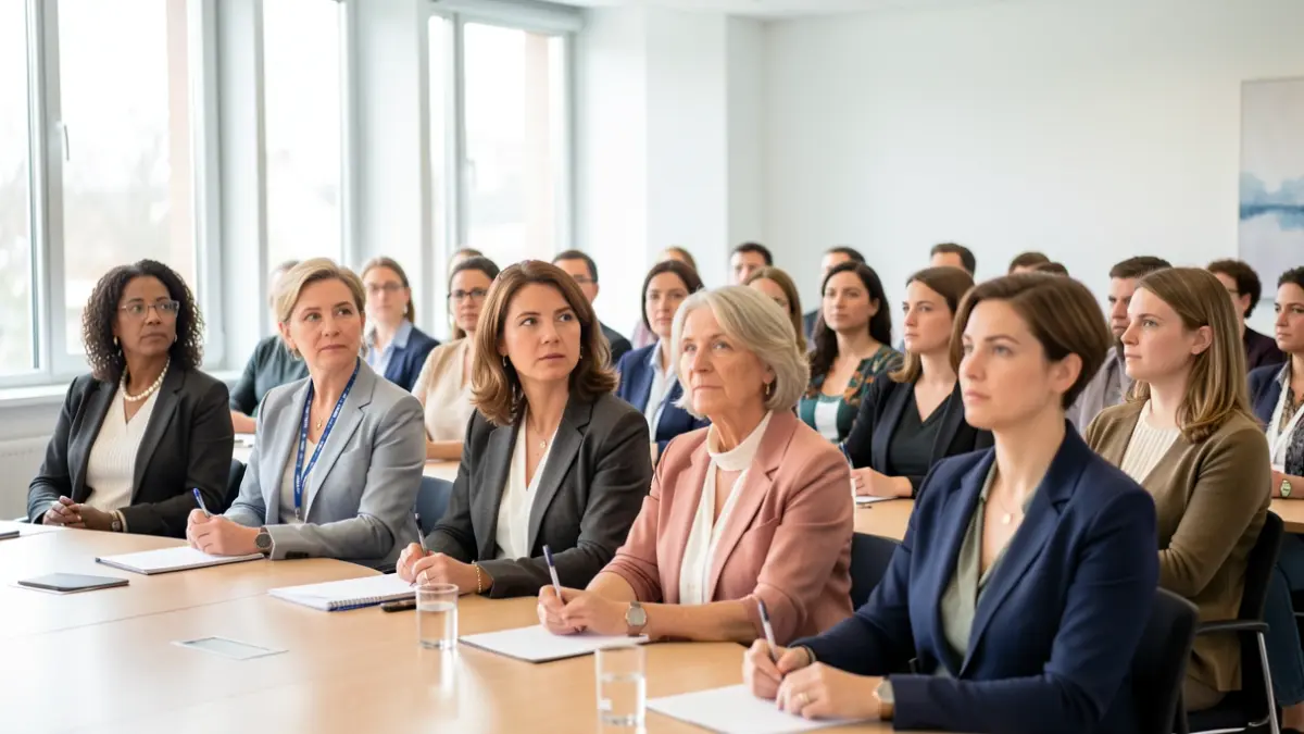 Imagen genérica de un grupo de mujeres diversas de diferentes edades en una sala de conferencias luminosa y moderna, escuchando atentamente.